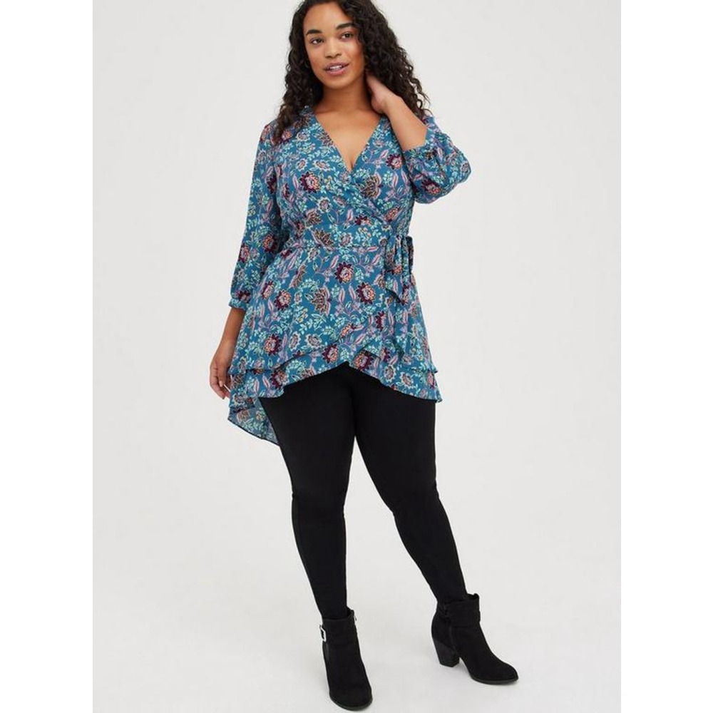 Torrid Blue Teal‎ Floral Georgette Wrap Tunic Blouse 2X